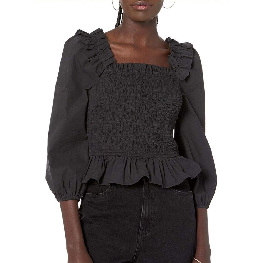 The Drop Black Smocked Blouse Top Size M NWT